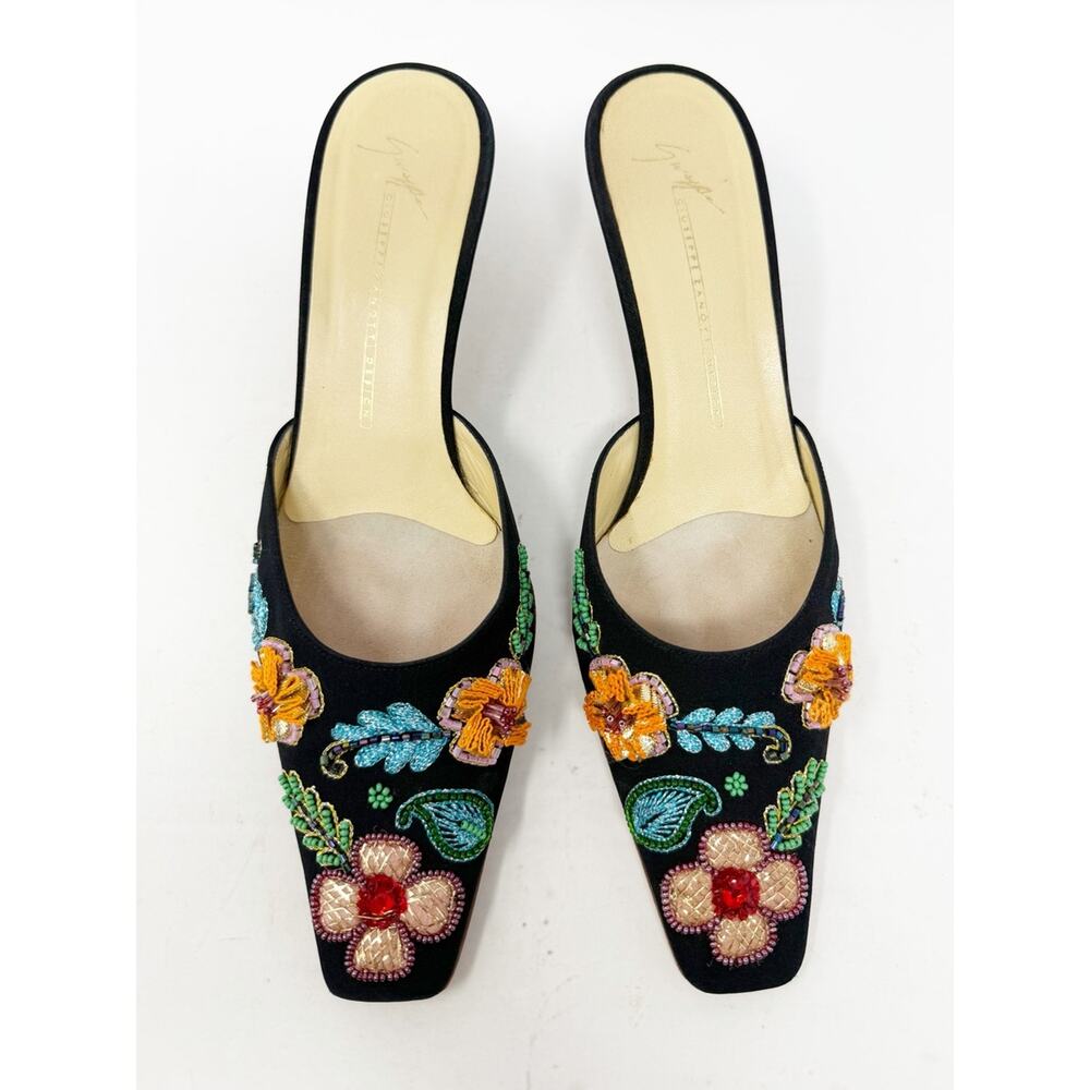 Giuseppe Zanotti Vintage Floral Beaded Satin Mule Kitten Heels Womens Size EU 38 - Picture 2 of 9